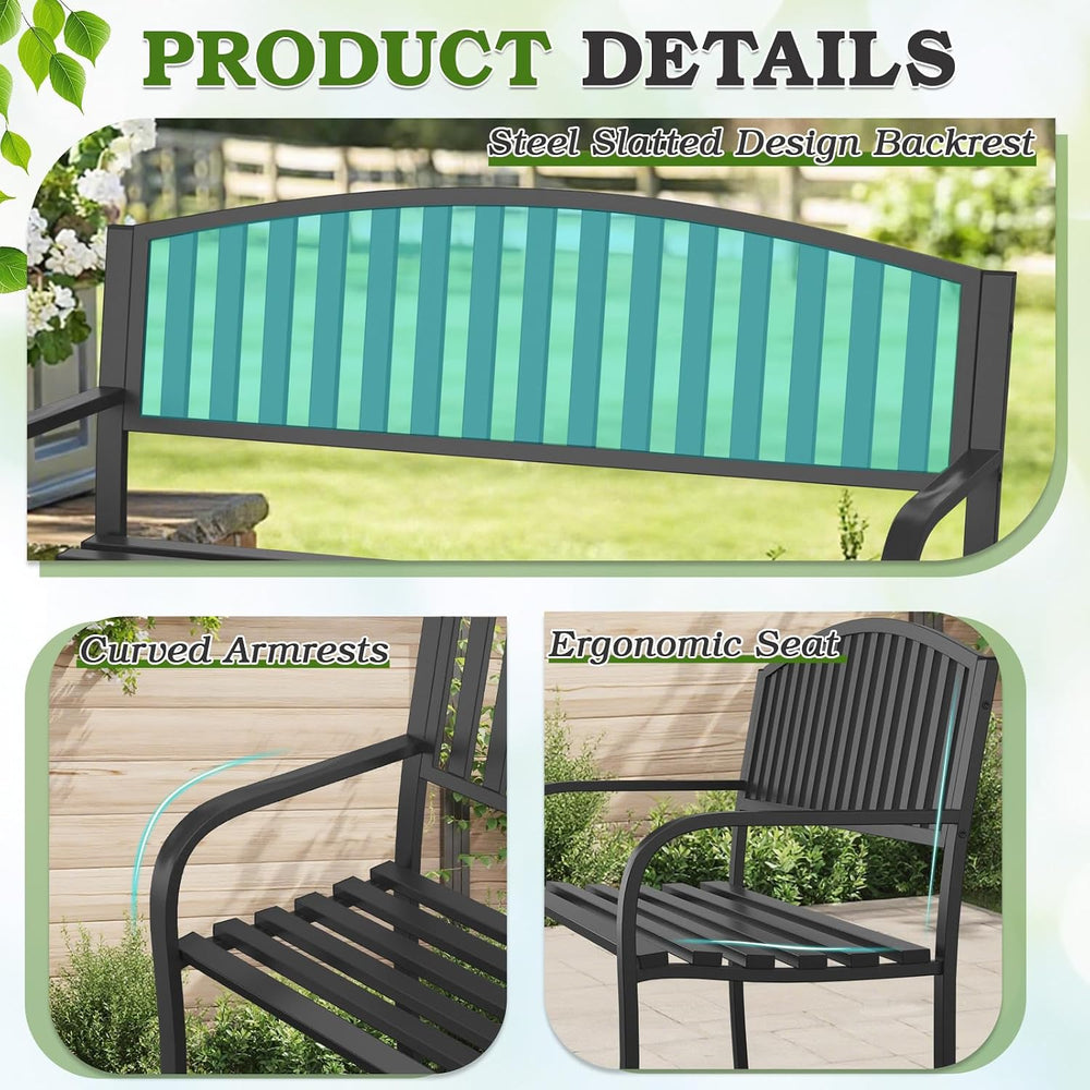 50" Outdoor Bench, Heavy-Duty Metal Frame Graden Bench, Weatherproof Pat...
