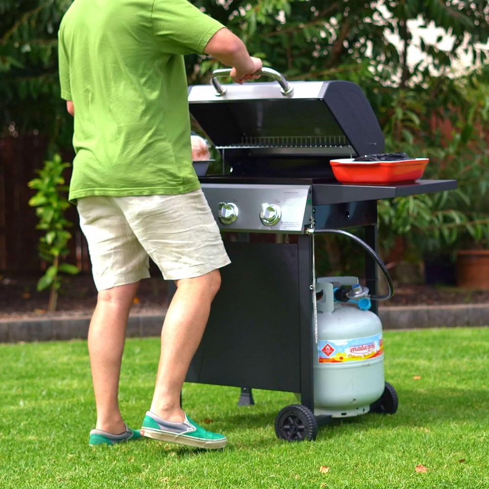 Grill Boss 3 Burner Propane Gas Grill, Portable BBQ, Lid, Wheels & Shelves
