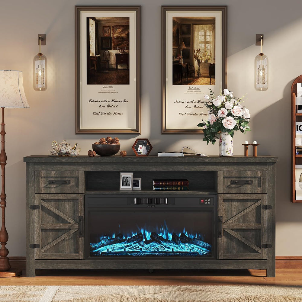 Fireplace TV Stand with Barn Door, 70 inch, Gray