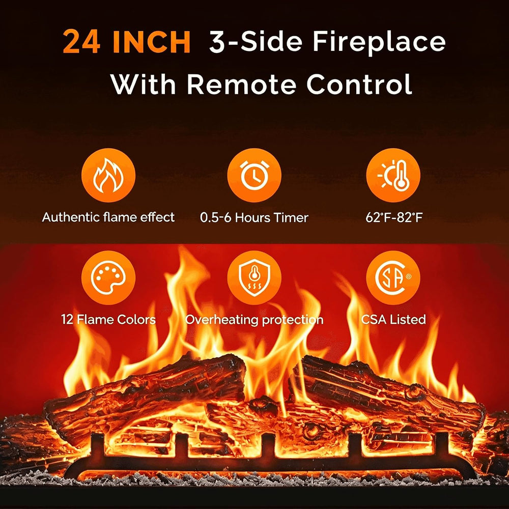VINGLI 24 inch Electric Fireplace Insert, Modern 3-Sided Recessed/Wall Mount ...