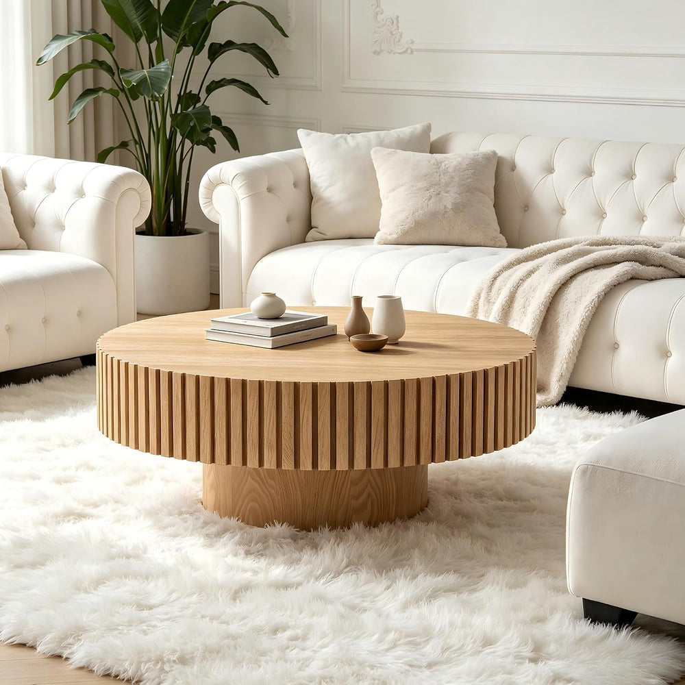 KEVINSPACE Round Coffee Table, 39" Big Wooden Fluted Coffee Table with F...