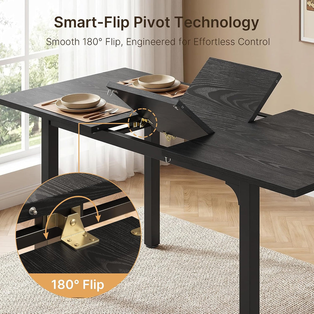 63“ Extendable Dining Table Set with 180° Smart-Flip Pivot, Black