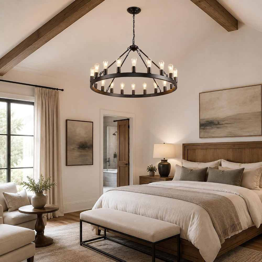 Black Wagon Wheel Chandelier, 40 Inch 20-Light Round Farmhouse Pendant Light ...