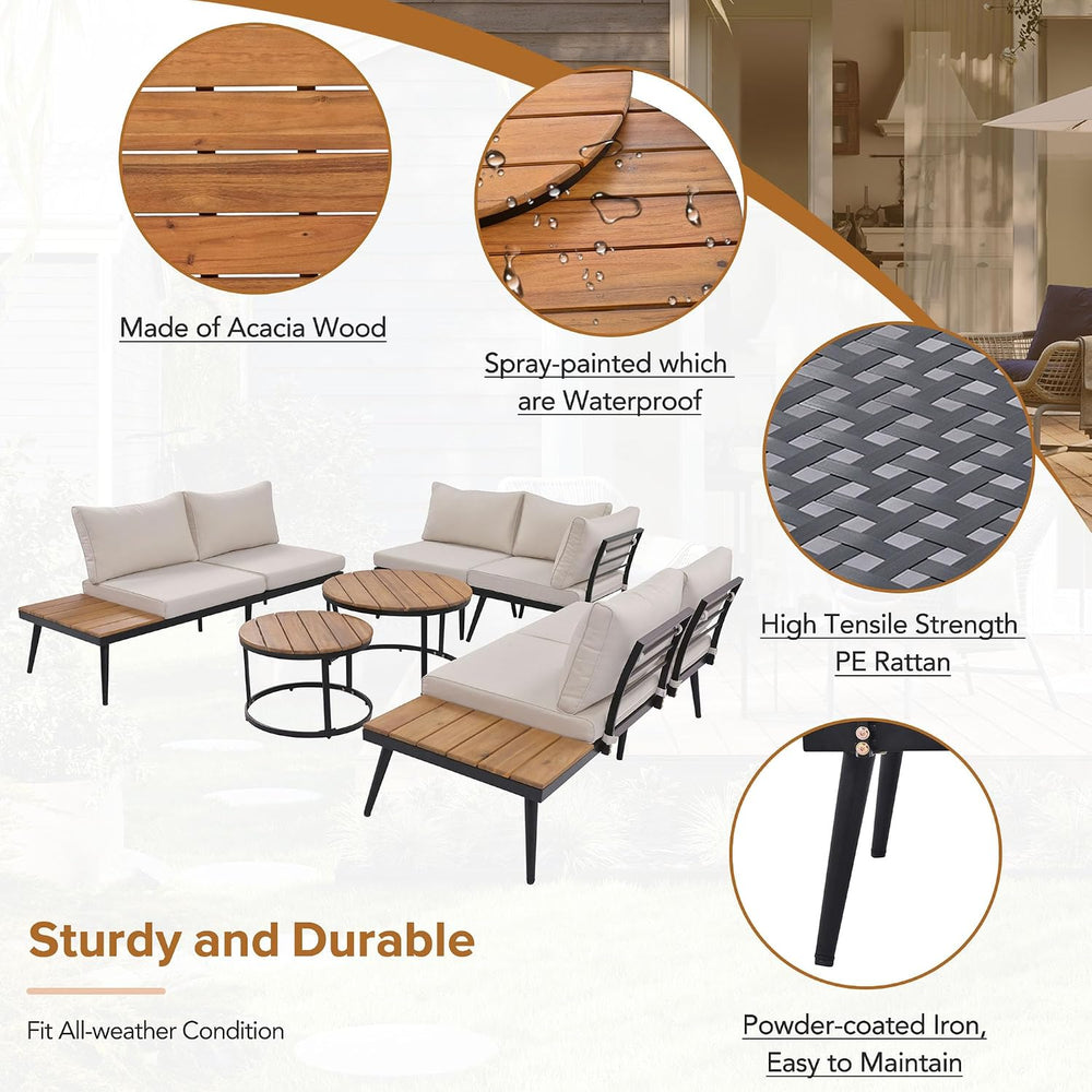 Modern Outdoor Sectional Sofa Set with Round Nesting Coffee Tables and Cushio...