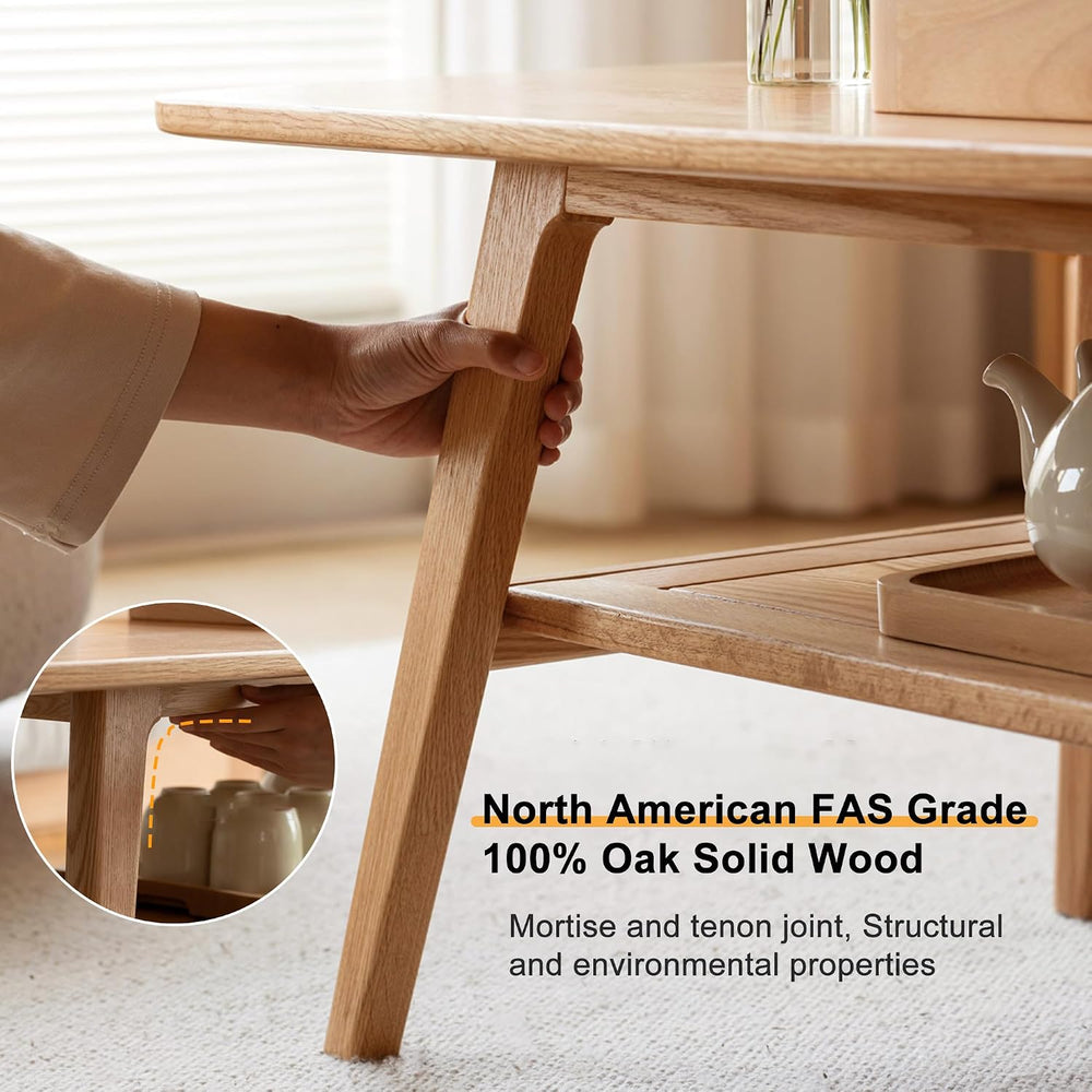 Modern Solid Oak Wood Coffee Table, 2-Tier Small Wooden Coffee Table with Sto...