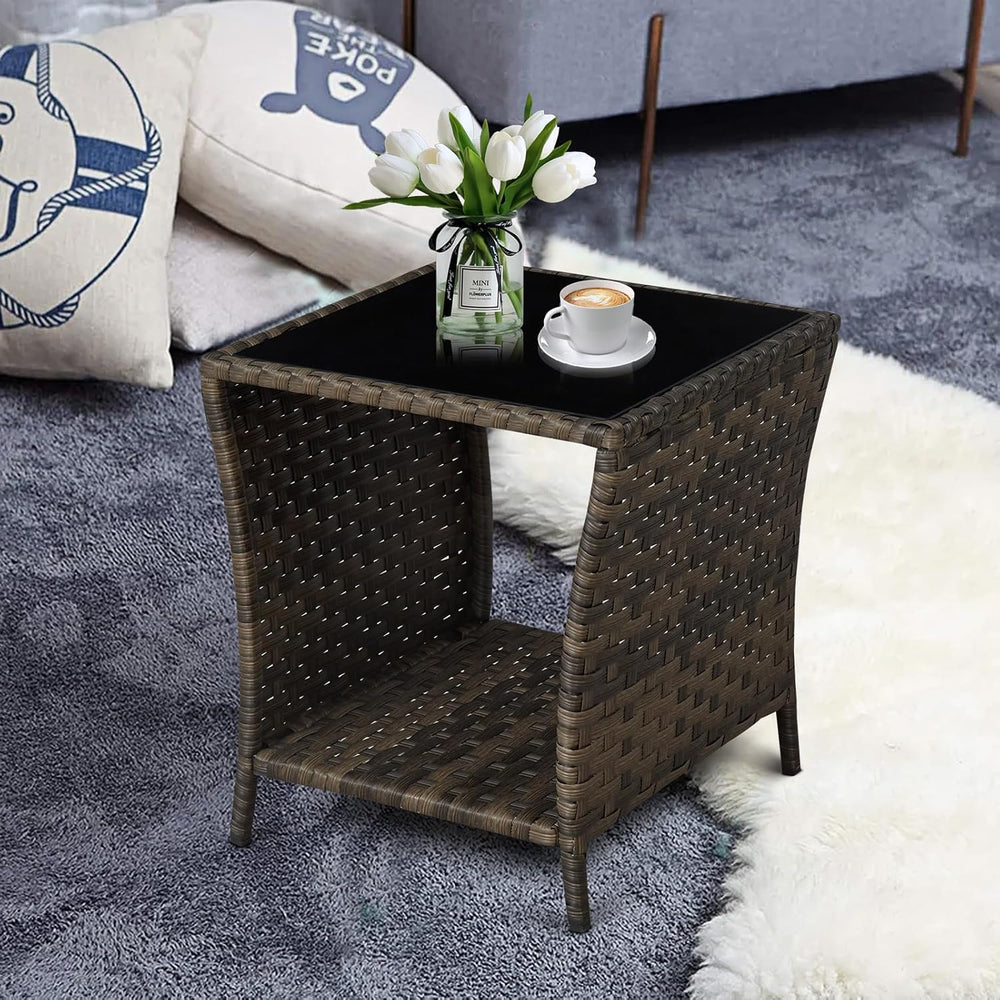 Outdoor Wicker Side Table, Rattan End Table, Glass Top,Patio Garden