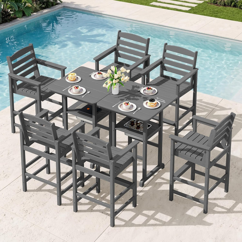 SERWALL 8 Pieces Outdoor Bar Chairs Table with Ice Bucket Set, Grey