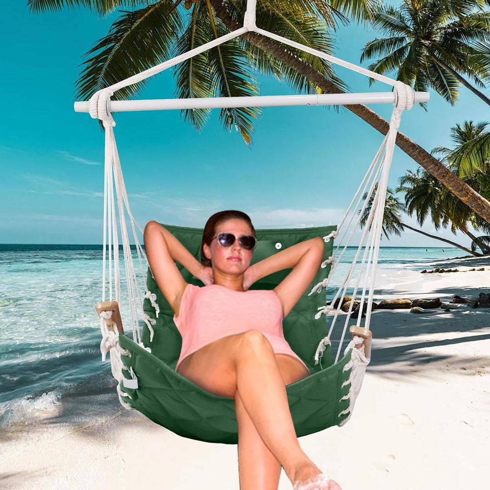 Hammock Chair Hanging Swing with Wooden Armrest Indoor, Green