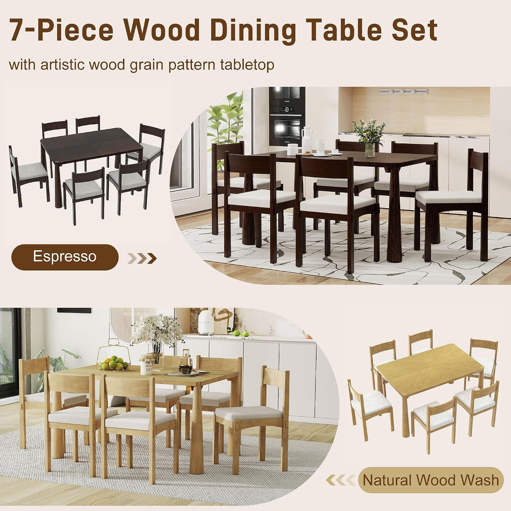 7-Piece Retro Wood Dining Table Set for 6, Kitchen Table Set with Upholstered...