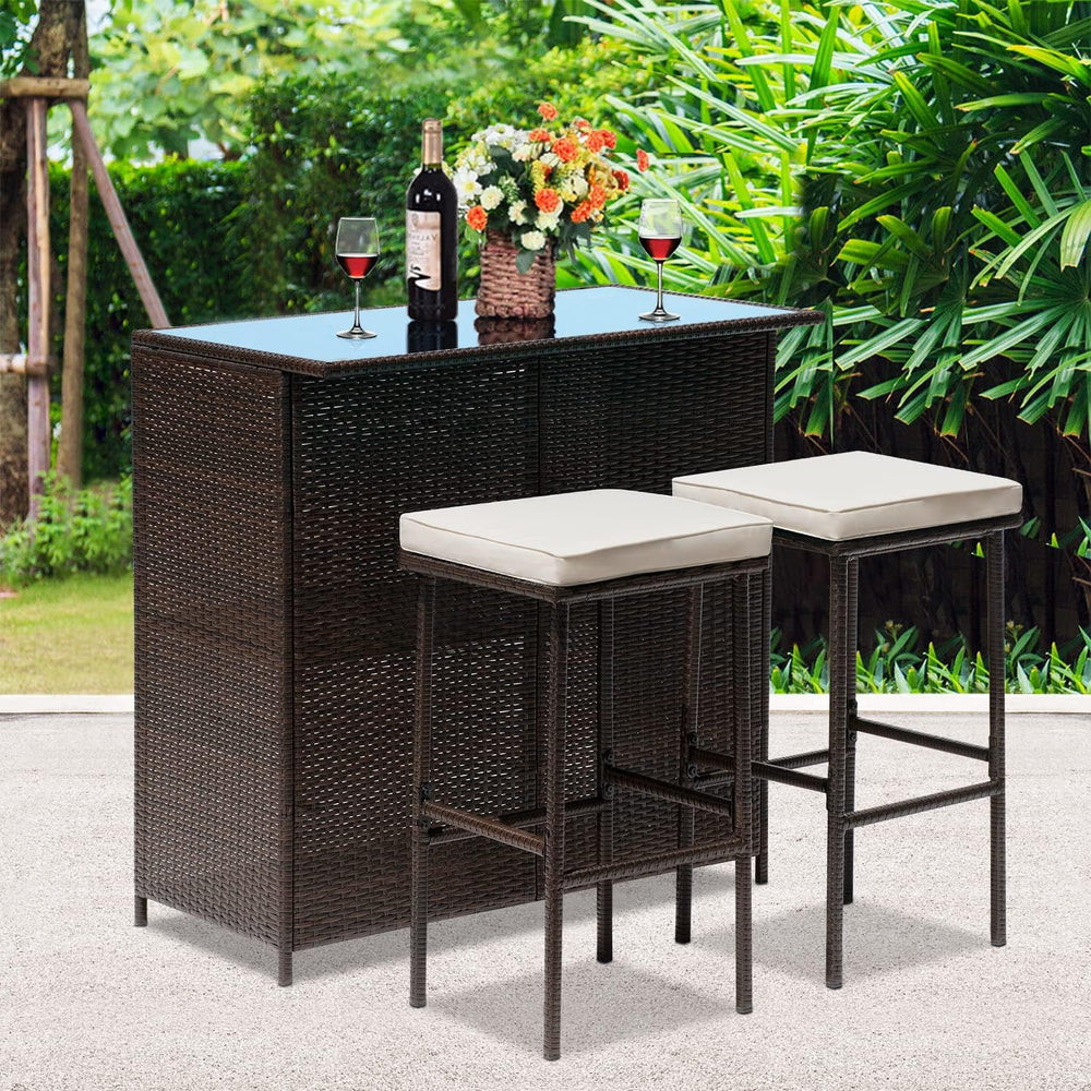 Wicker Patio Furniture 3 Piece Patio Bar Table Set Chairs Wicker Outdoor Ratt...