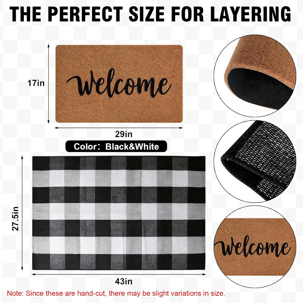 2-Piece Front Door Mat Set, Coir Welcome Mat & Black White Plaid Mat