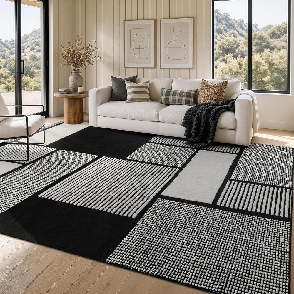 YIHOUSE 8x10 Large Black and White Area Rug, Washable Living Room Carpet