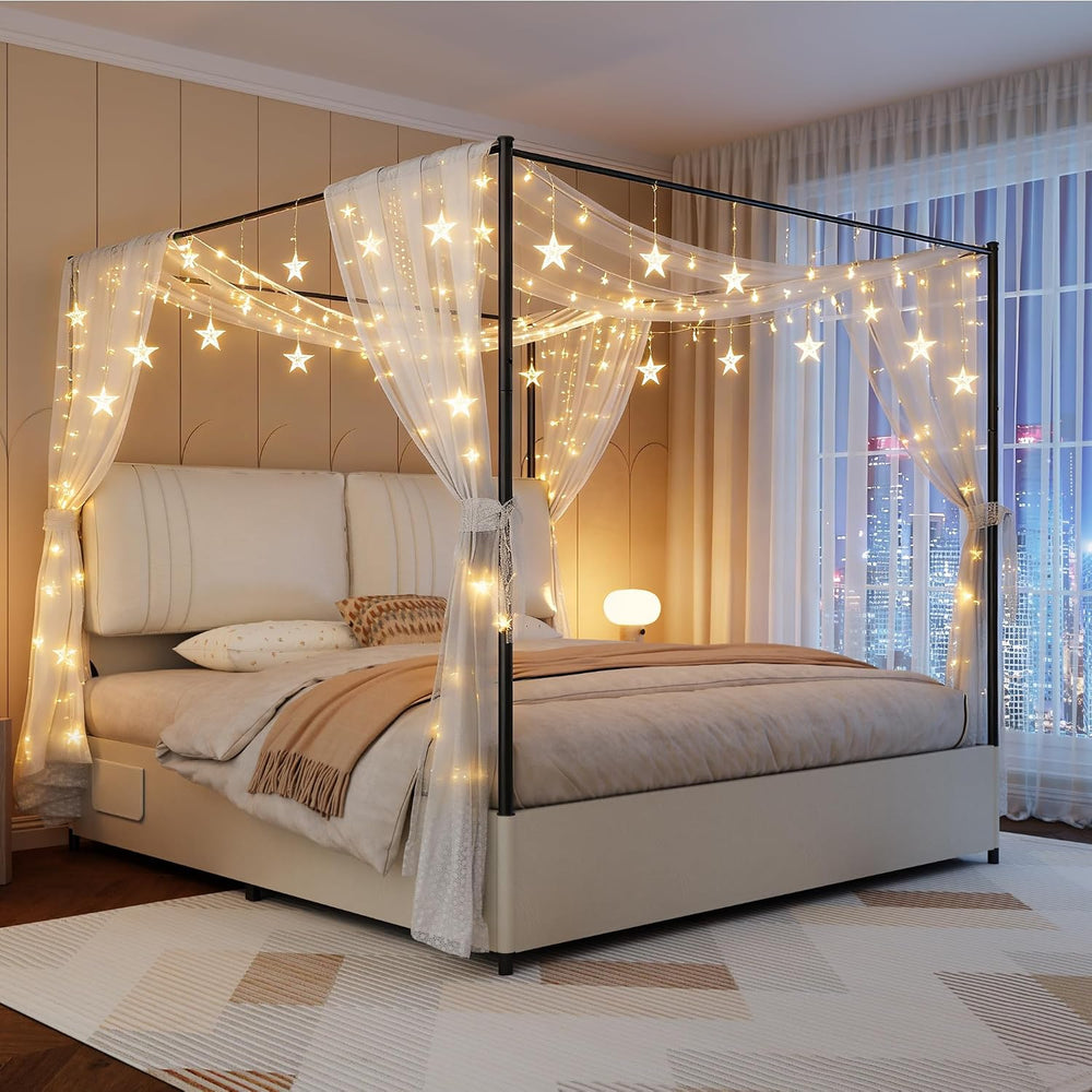 King Canopy Bed Frame with Tall Upholstered Faux Leather Headboard