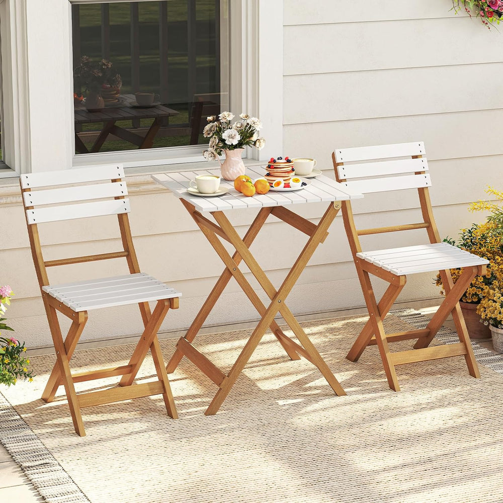 Tagnkula 3 Piece Folding Outdoor Patio Bistro Set, Space Saving Foldable Acac...