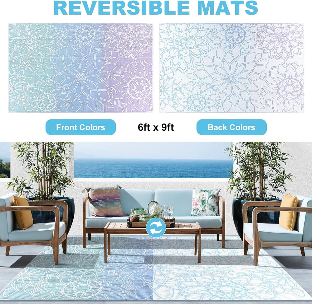 LOKHOM Outdoor Rug for Patio 6x9 ft Reversible Plastic Straw Patio Camping Ru...