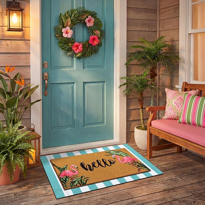 Tinideya 2 Pcs Summer Door Mat Flamingo Welcome Non Slip Coir Hello Mats Floo...