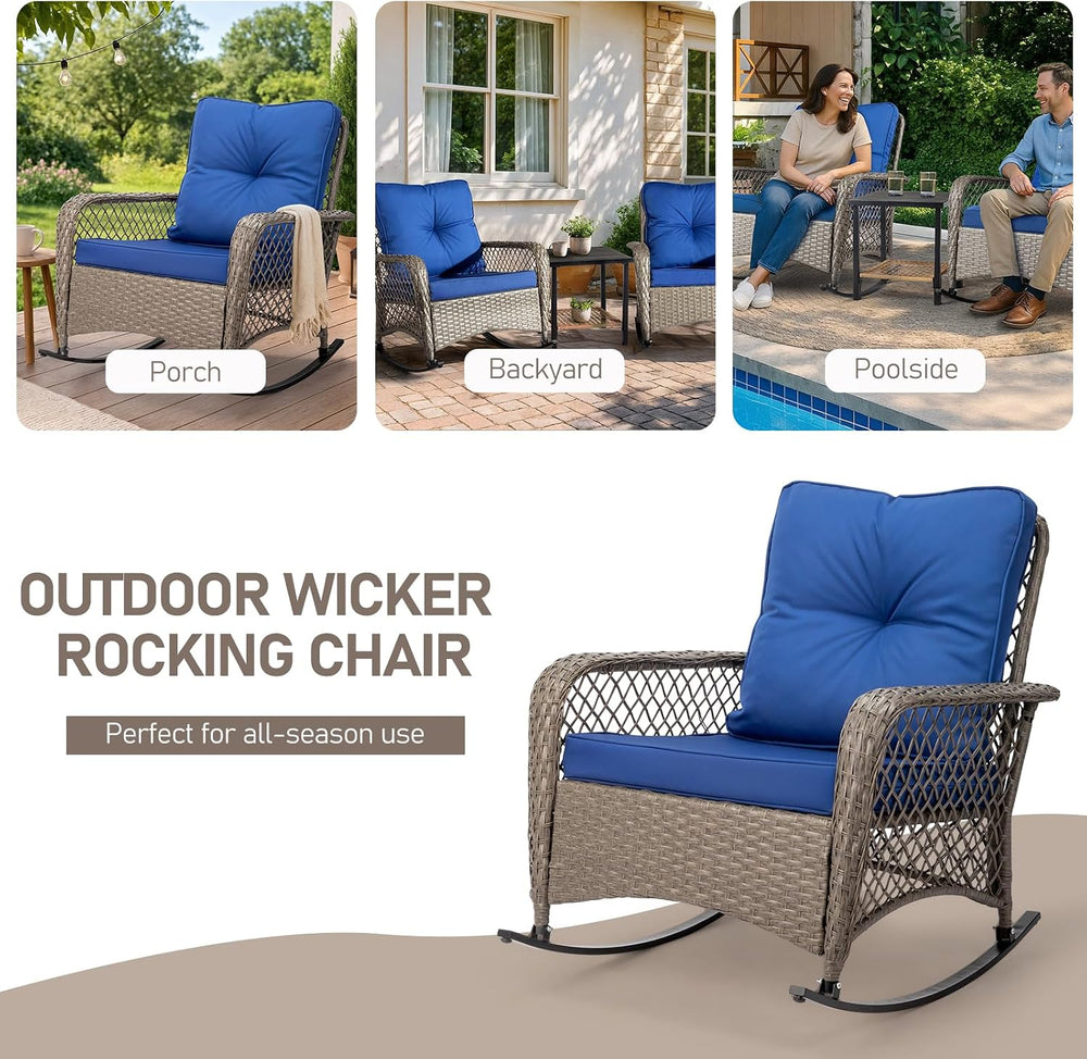 Outvita Outdoor Wicker Rocking Chair w/Cushions & Steel Frame, Navy Blue