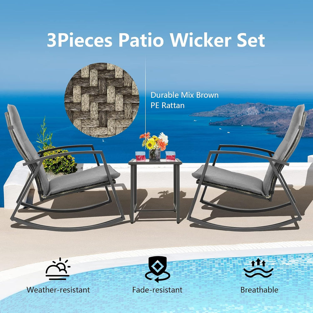 Tangkula 3 Pieces Patio Rocking Bistro Set, PE Rattan Rocking Chairs with Tem...
