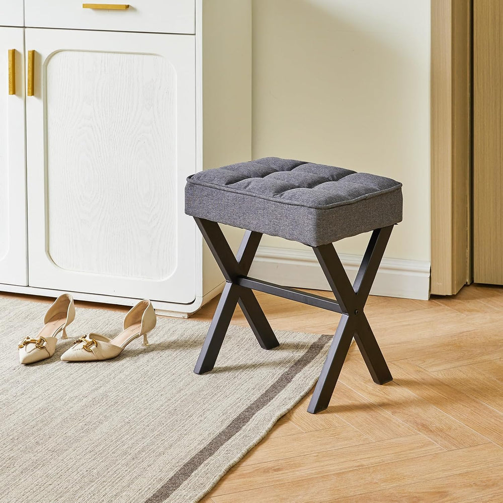 IBUYKE Square Makeup Stool with X-Leg, Linen Vanity Chair, Dark Gray LG-70G