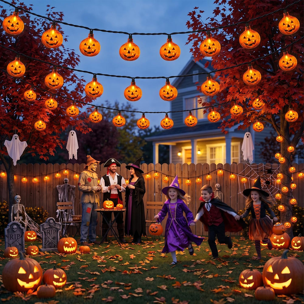 12Ft 20 LED Halloween Pumpkin String Lights Plug in Jack O Lantern Lights wit...
