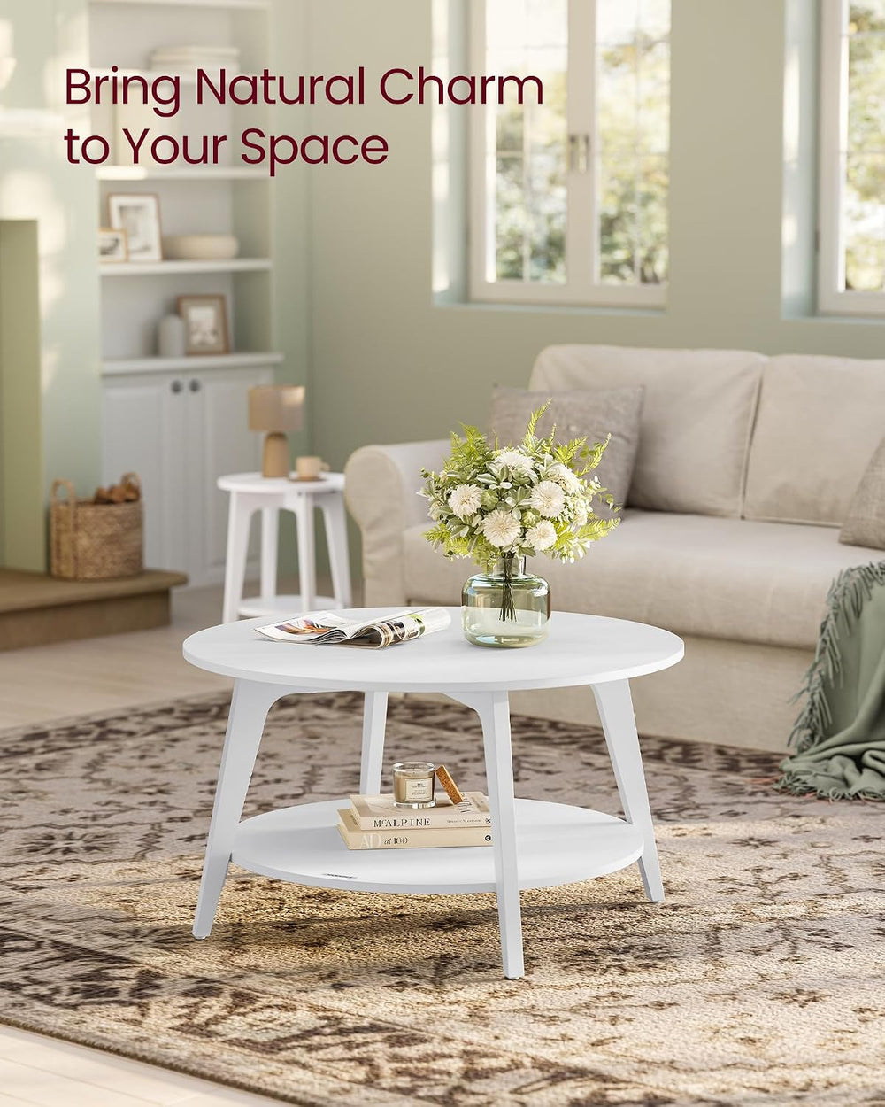 VASAGLE Round Coffee Table, 2-Tier Center Table with Storage, Tapered Legs