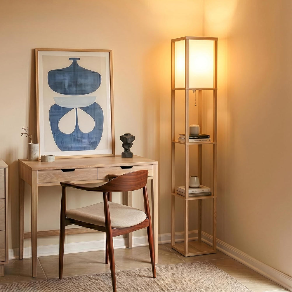 Brightech Maxwell - Modern Shelf Floor Lamp with Lamp Shade & Warm White ...