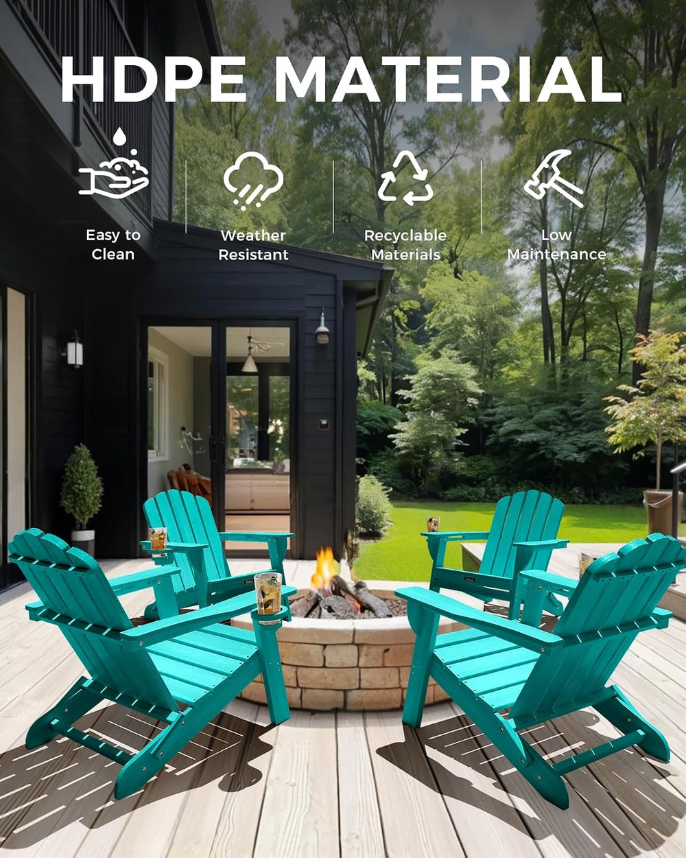 Folding Adirondack Chair, All-Weather HDPE Patio Chair with 2 Cup Holders