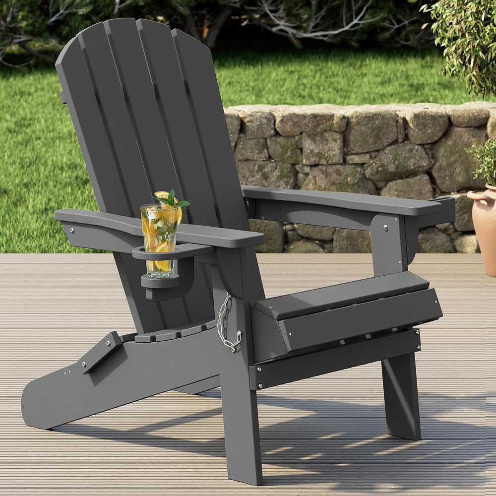 Shintenchi Folding Adirondack Chair,HDPE All-Weather Patio Chair with Cup Hol...