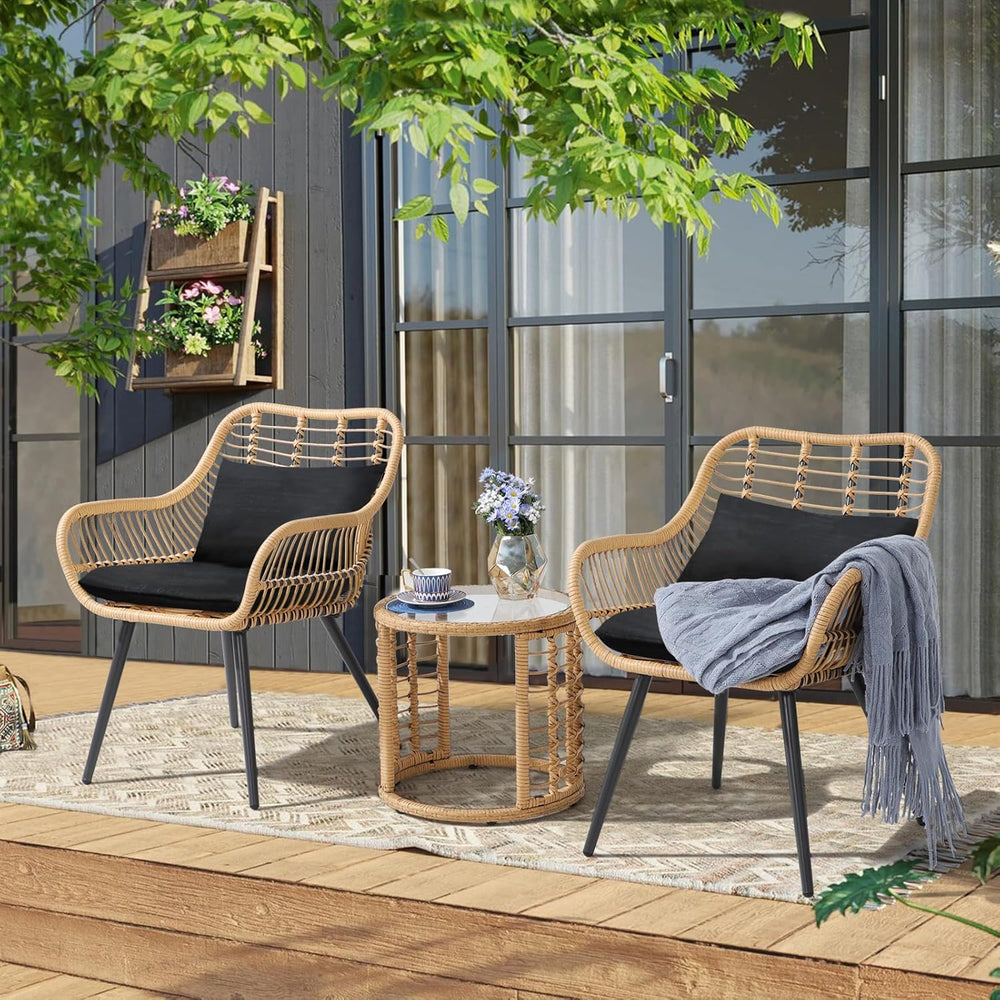 JOIVI 3 Piece Wicker Patio Bistro Set, Small Patio Conversation Set, Black