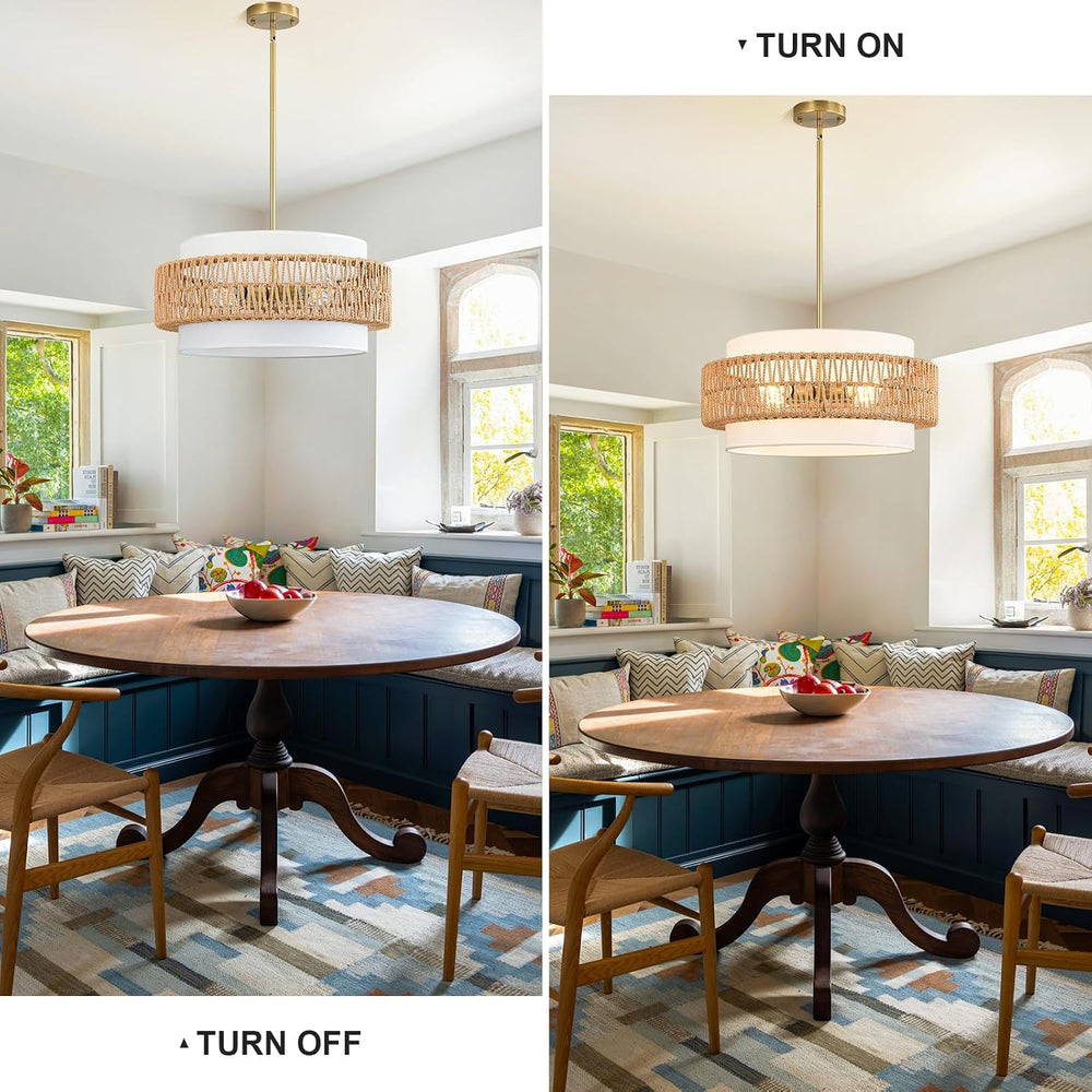 19.7" Rattan Chandelier for Dining Room, 4-Light Boho Pendant Hanging Light