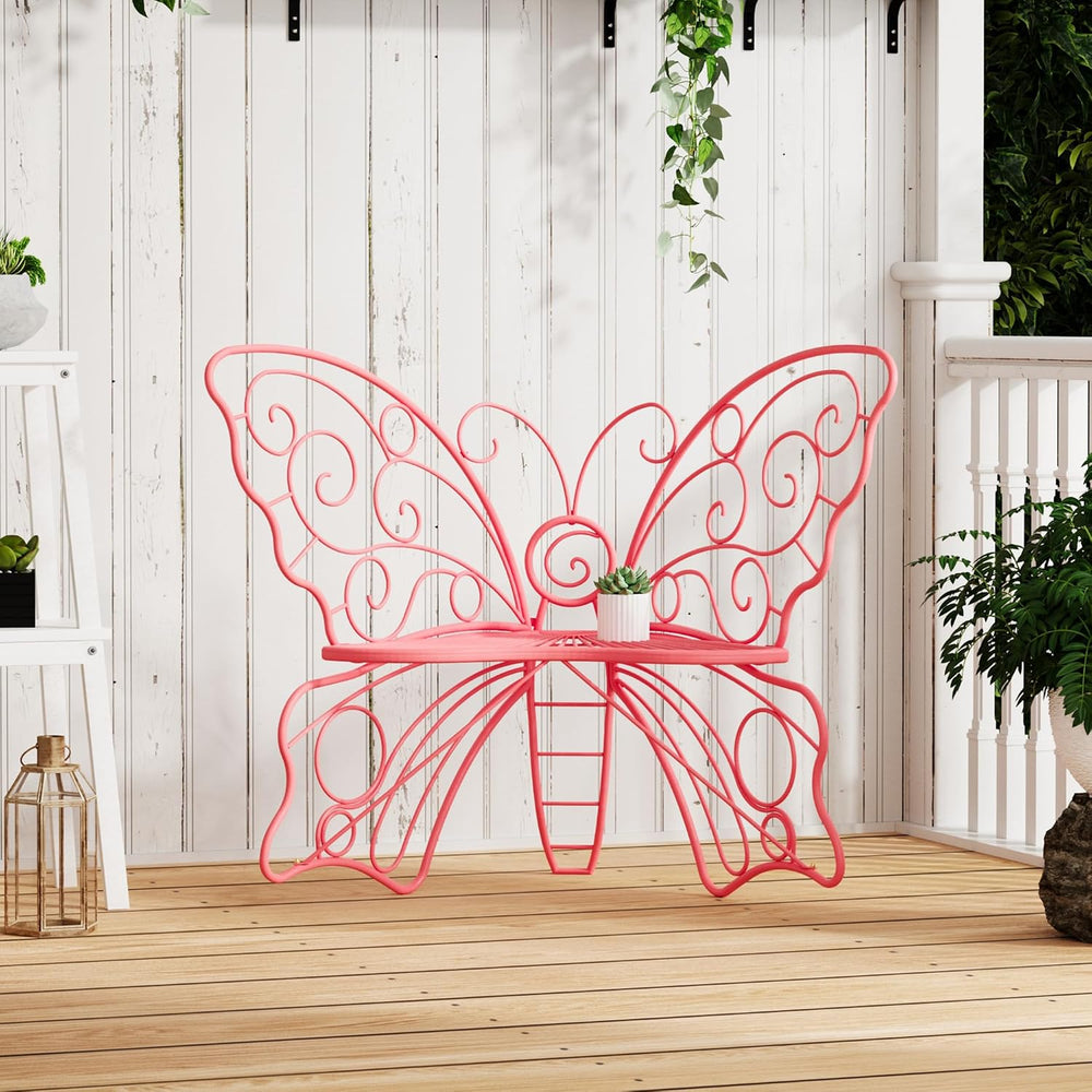36 Inch Small Butterfly Bench, Cute Metal Outdoor Benches, Pink
