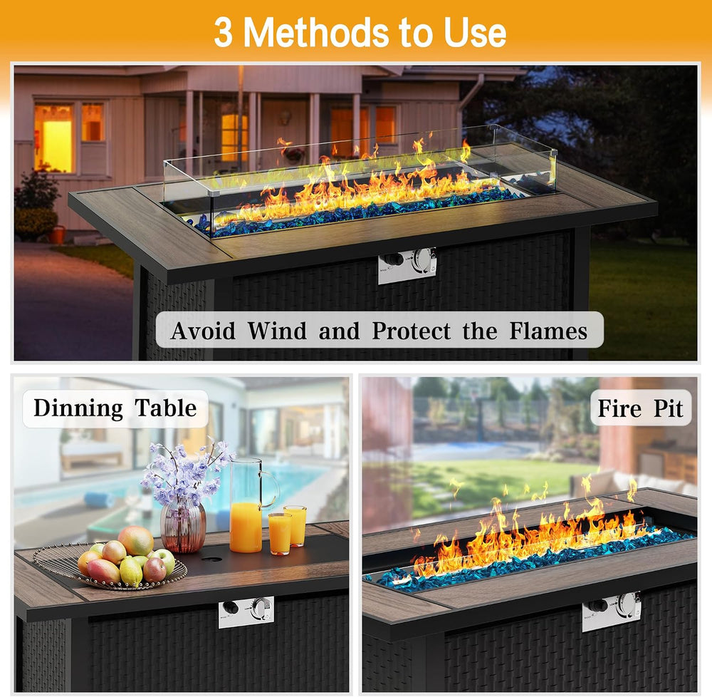 45in Fire Table, Propane Fire Pit with Glass Wind Guard and Rain Cover, Outdo...