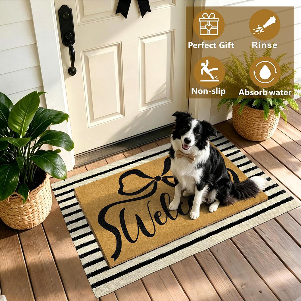 2 Pcs Coir Bow Welcome Mat Outdoor Stripe Layering Rug for Outside Entrance