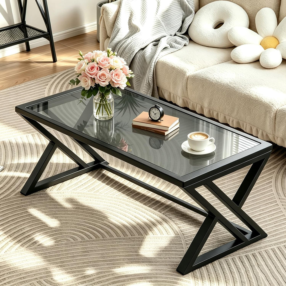 Wolawu Coffee Table Grey Glass Coffee Table for Living Room,Modern Rectangula...