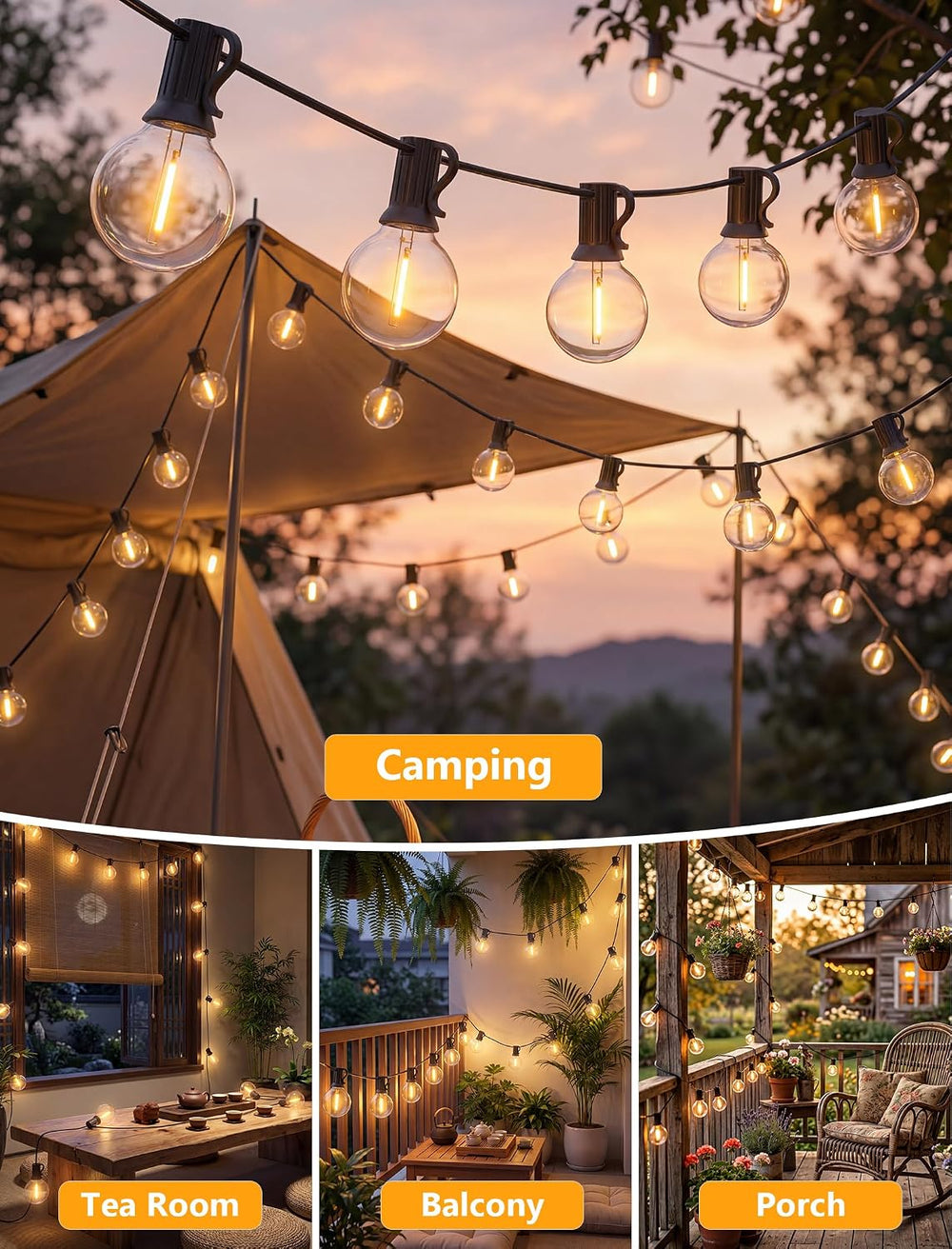 100FT Outdoor String Lights - Shatterproof G40 LED Bulbs, Waterproof Connecta...