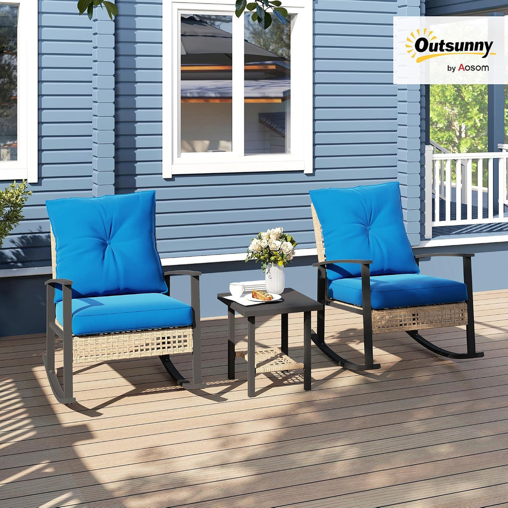 Outsunny 3 Pieces Rocking Wicker Outdoor Bistro Set Porch Chairs Dark Blue