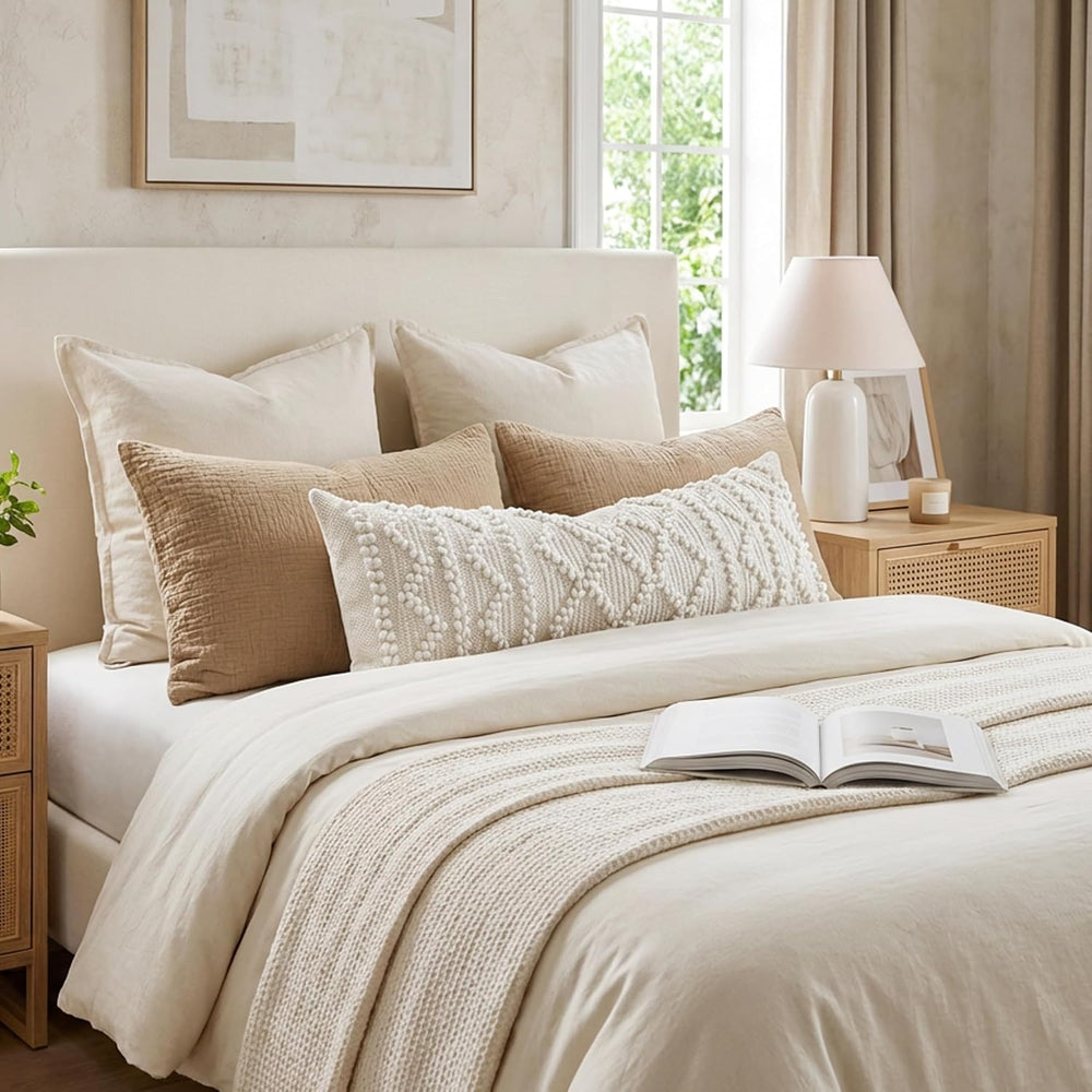 BlissBlush Pure White Decorative Lumbar Pillow Cover 14x36, Boho Long Throw P...