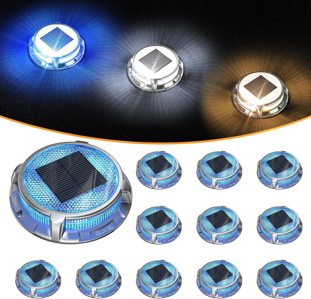 Quntis Solar Deck Lights Outdoor 12 Pack, 3 Color Modes Solar Driveway Lights...