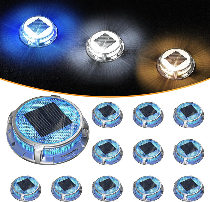 Quntis Solar Deck Lights Outdoor 12 Pack, 3 Color Modes Solar Driveway Lights IP68 Waterproof, Deck Light for Stair Pathway Pool Walkway Road (Blue/Cool White/Warm White)