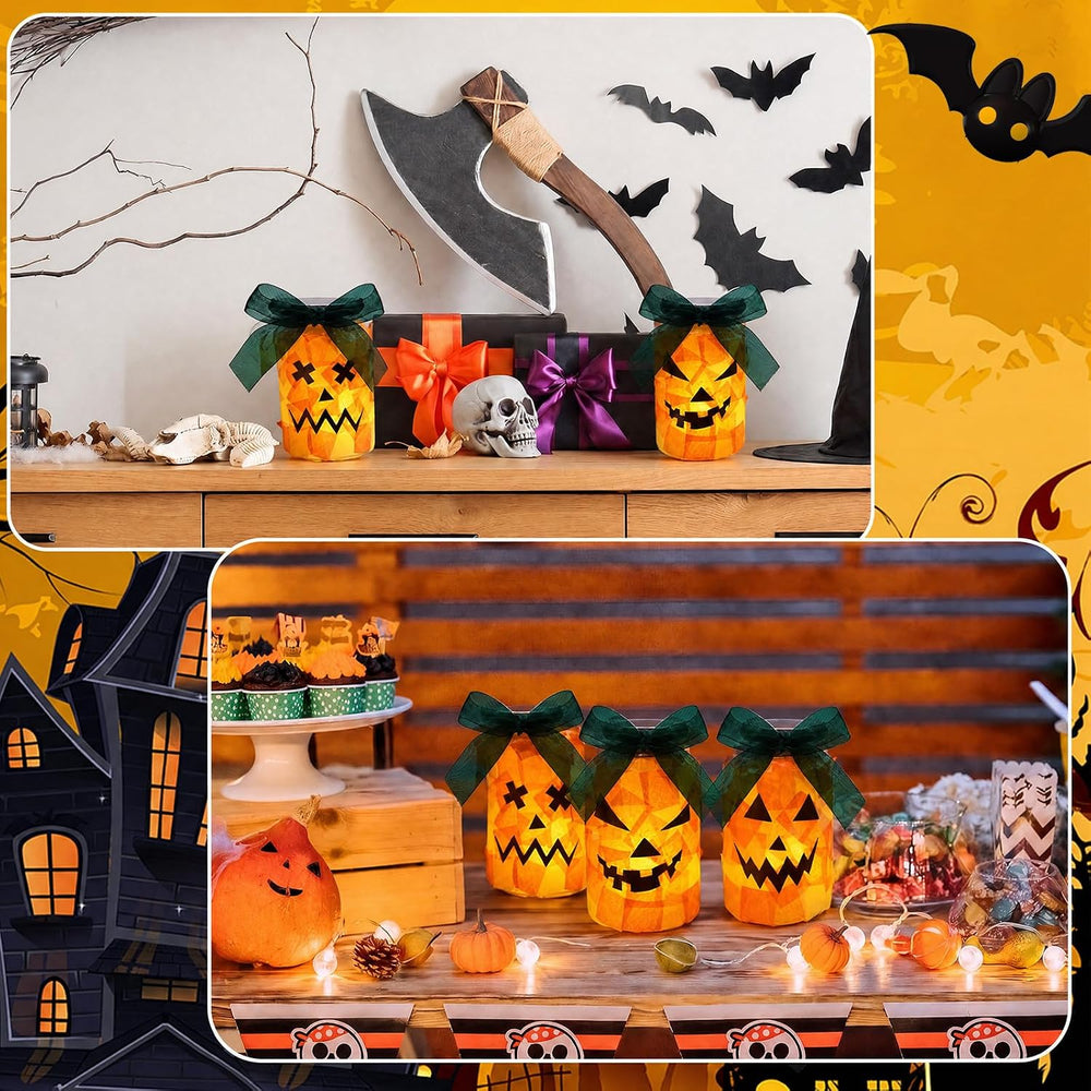 Qinyoung 12 Pcs Halloween Jack-o-lantern Crafts Pumpkin Mason Jars with LED