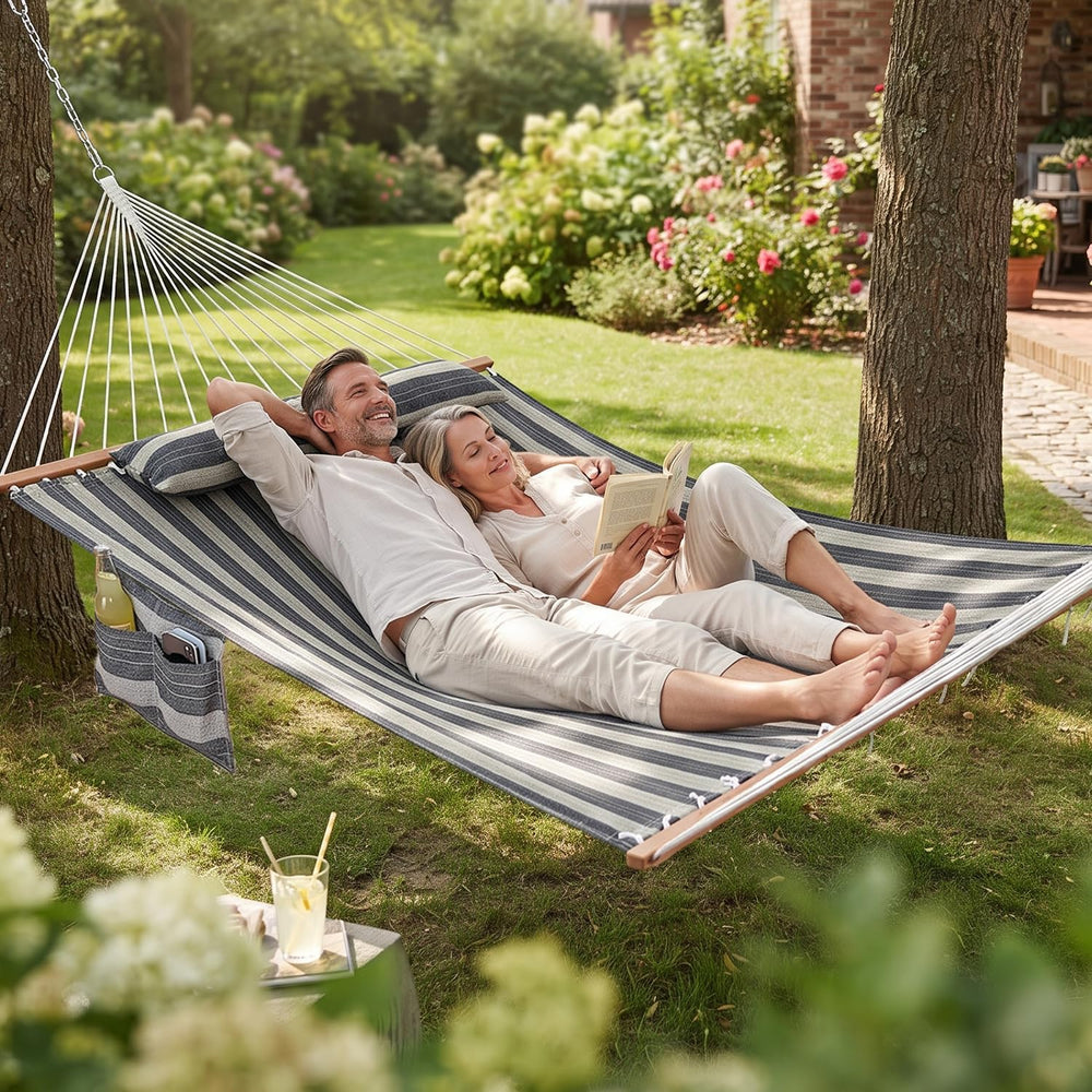 GAFETE 12ft 2 Person Hammock for Outside with Hardwood Spreader Bar