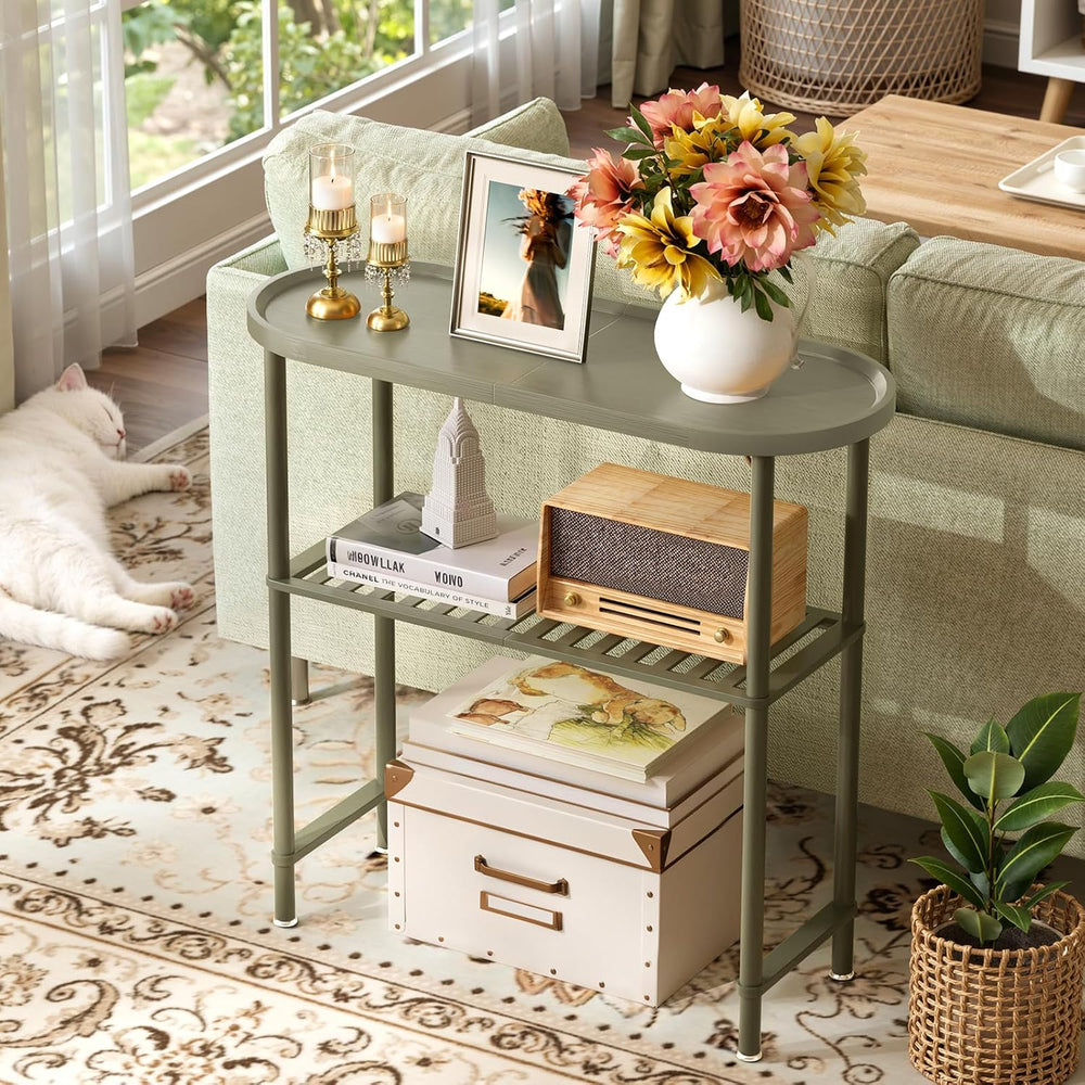 Small Console Table Bamboo 30.7", Modern Entryway Table Green 2-Tier, Na...