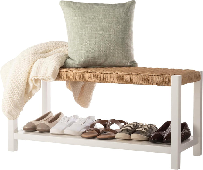 Alaterre Furniture Newport 40” Shoe Storage Bench with Woven Seat, White