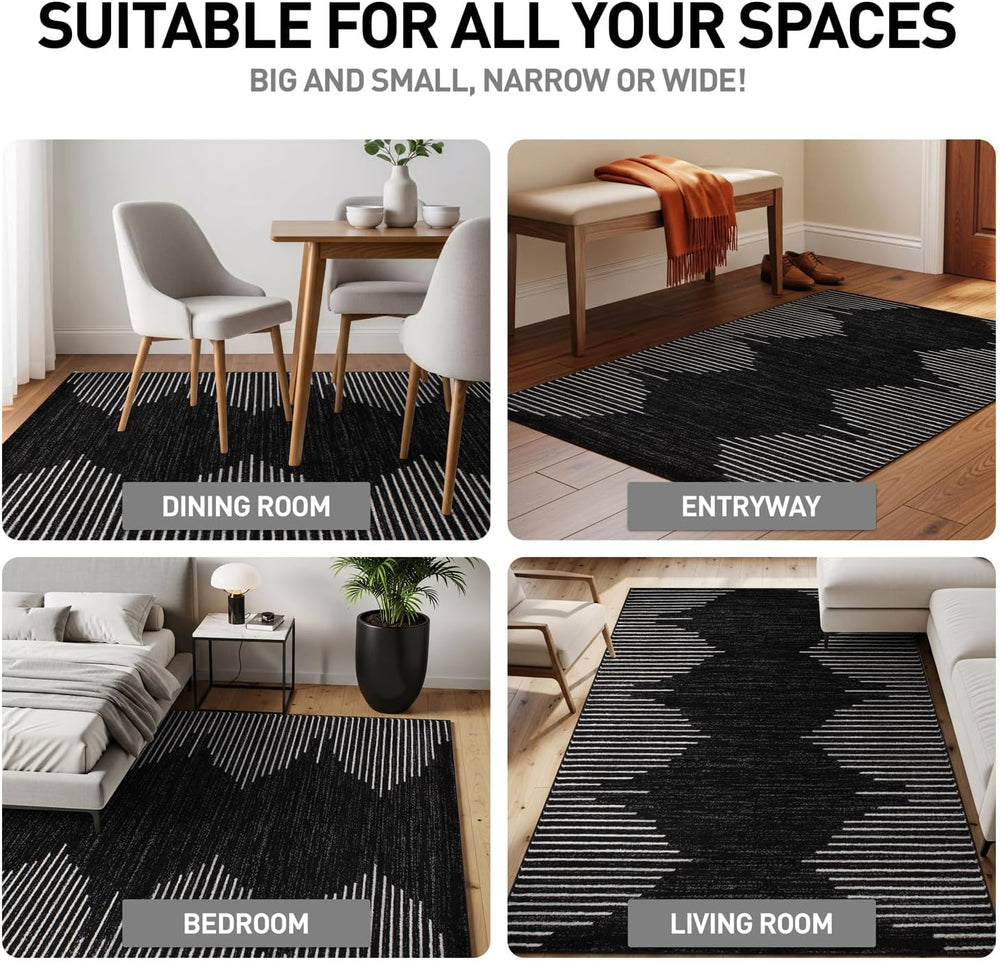 Rugshop Bohemian Stripe Stain Resistant Area Rug Black 3'3" x 5'