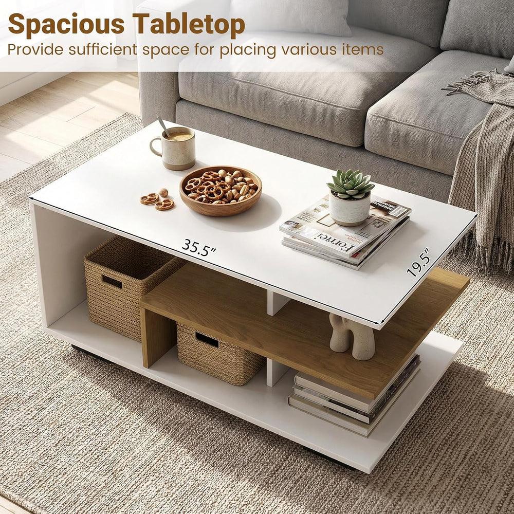 GOFLAME Rectangular Coffee Table for Living Room, 3-Tier Wood Center Table wi...