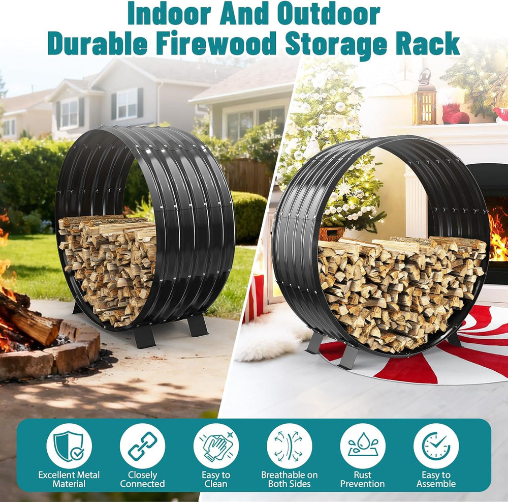 Round Heavy Duty Firewood Rack – Galvanized Wave-Shaped Steel with 4 Sturdy L...