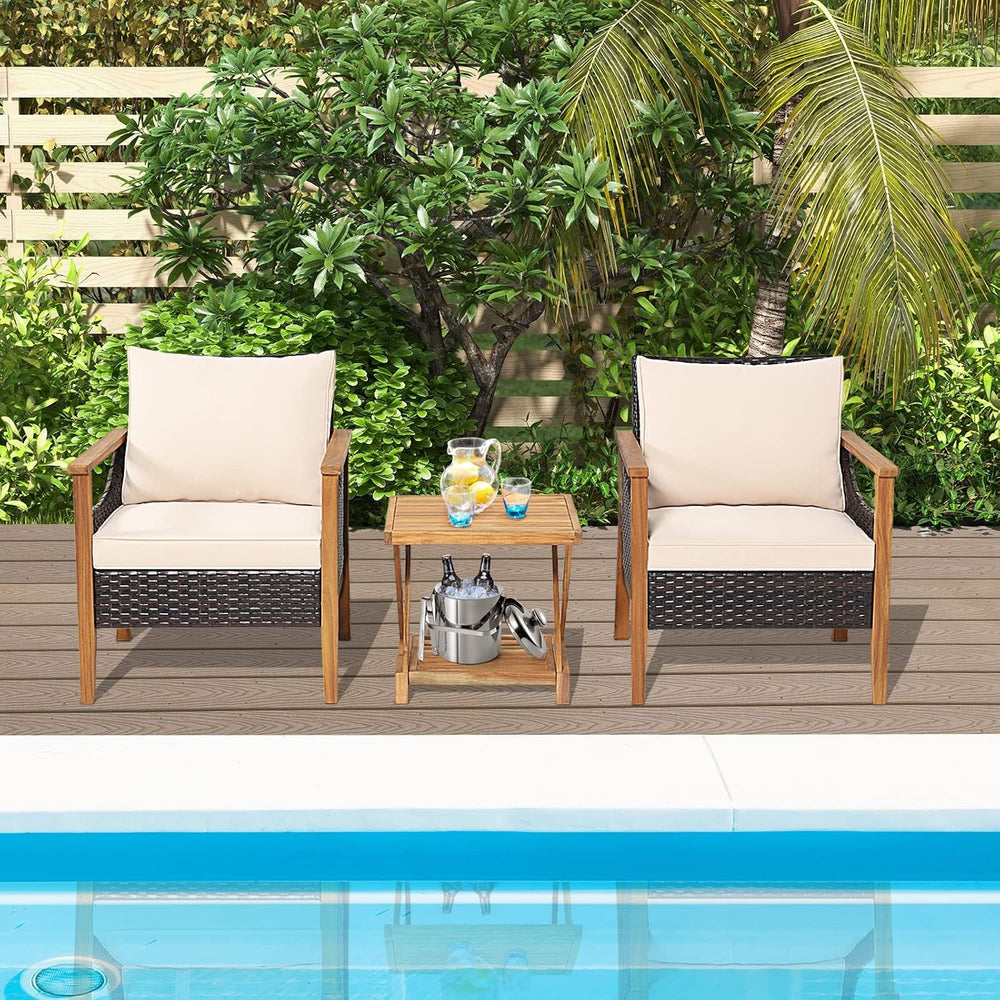 Tangkula 3 Pieces PE Wicker Patio Bistro Set, Outdoor Acacia Wood Conversatio...