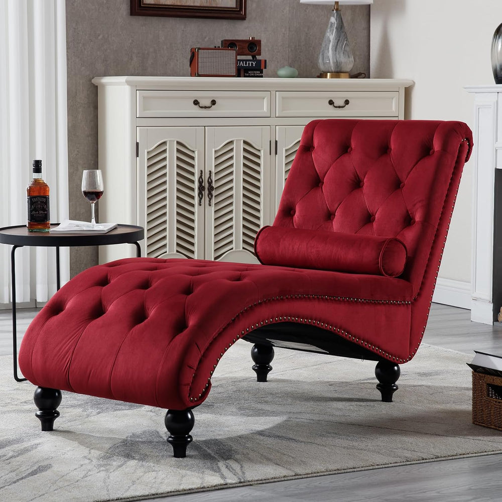 Chaise Lounge Indoor,Velvet Upholstered Lounge Chair Button-Tufted Armless Ch...