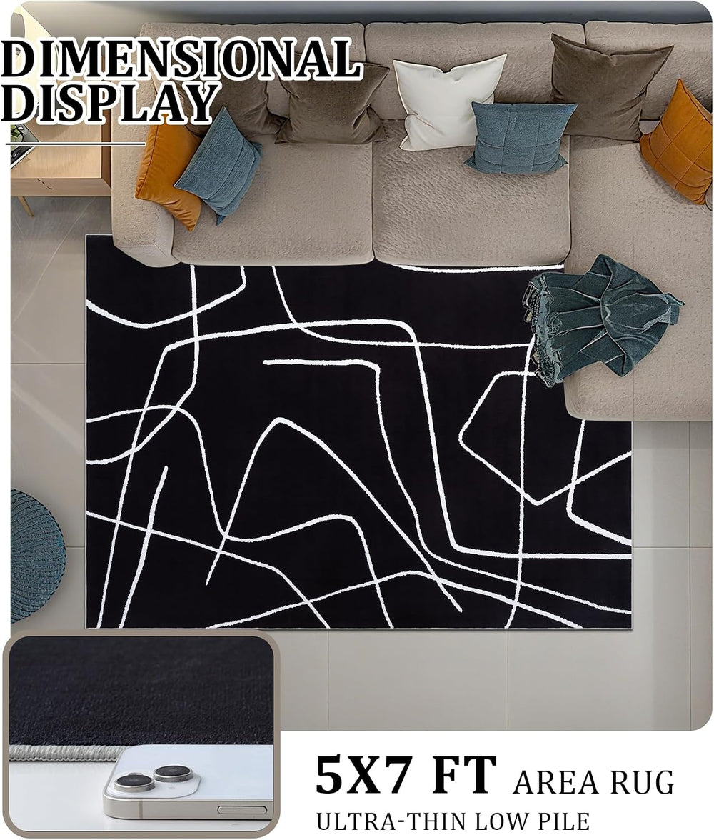 YIHOUSE Modern Washable Area Rug for Living Room Bedroom - Large Abstract Bla...