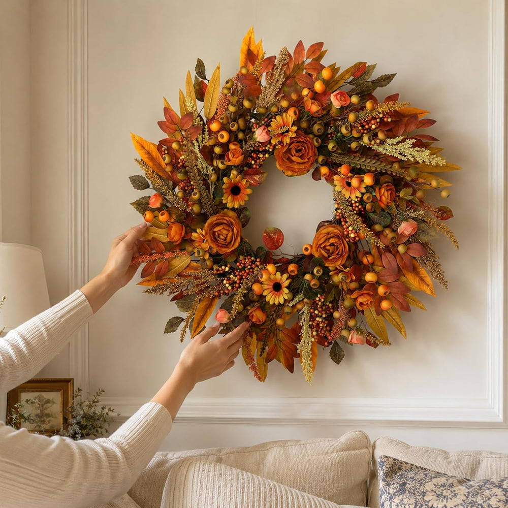 Fall Wreath for Front Door 26 Inch, Autumn Harvest Wreath Sunflowers Roses Ac...